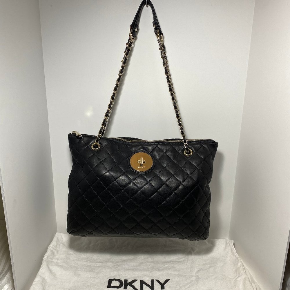 DKNY Quilted Leather double Chain handle Zip Tote